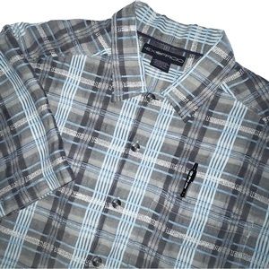 *Exofficio Mens L Shirt Button Up Gray Short Sleeve 48%poly 42%Rayon 10%Linen-D